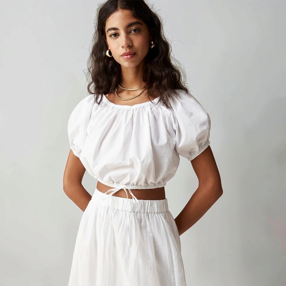 J. Crew Puff Sleeve Cinched Waist Cropped Top White Size L NWT